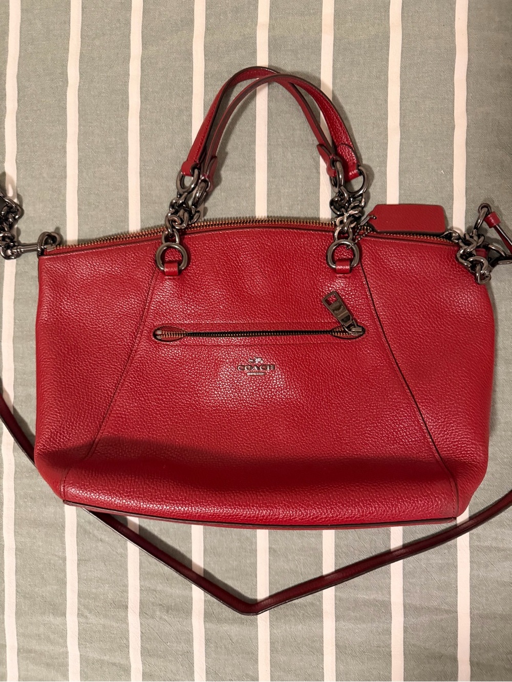 Coach Red Pebbled Leather Shoulder Bag with Chain Details